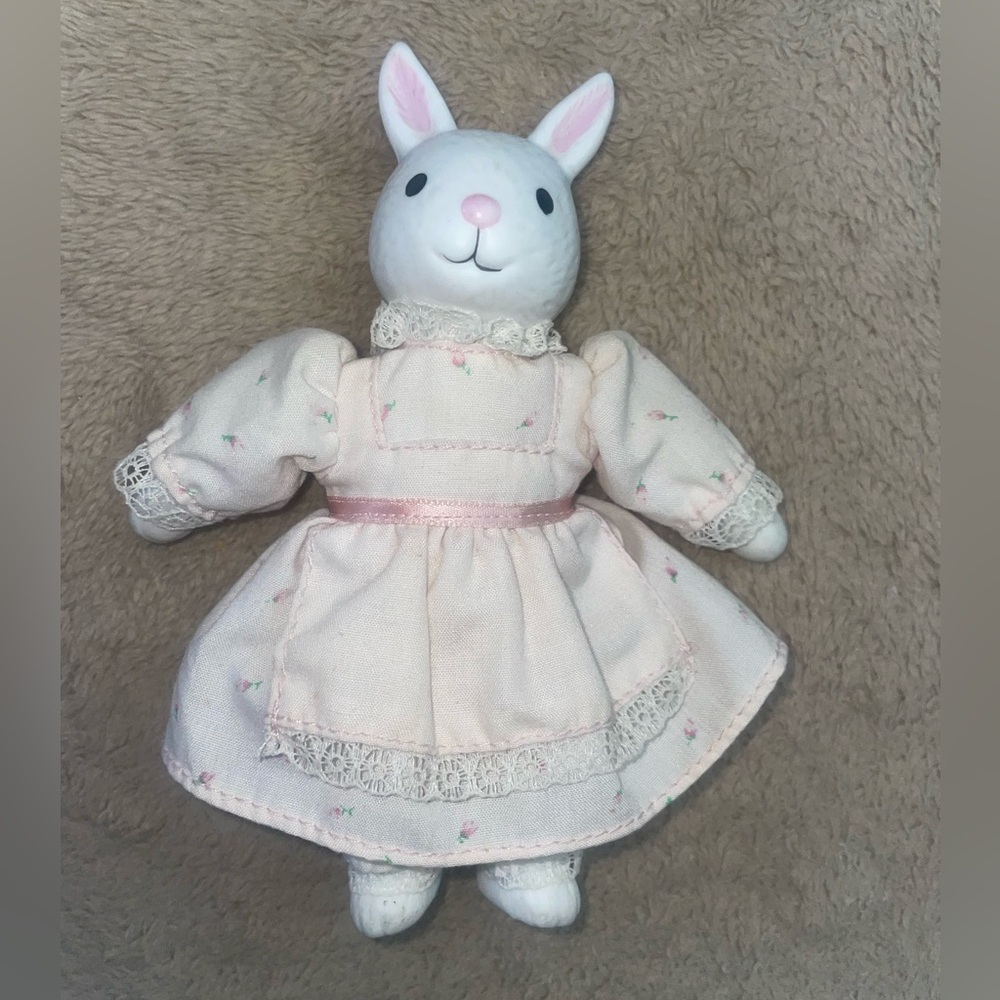 Vintage Russ Berrie Bunny Rabbit Doll, Pink Dress Porcelain with Cloth Body